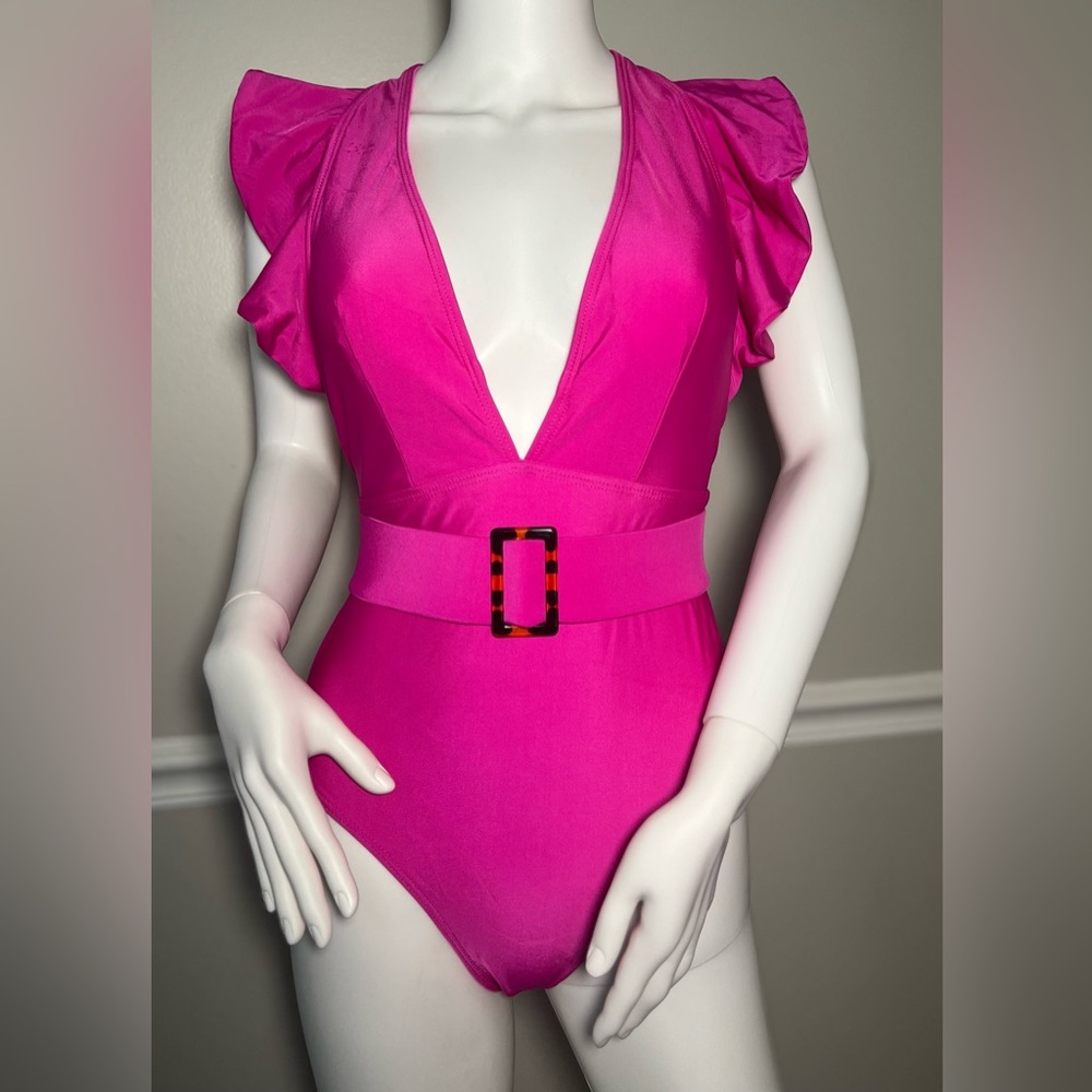 NWT Women's Ruffle Sleeve Low Cut Belted Swimsuit Size XL